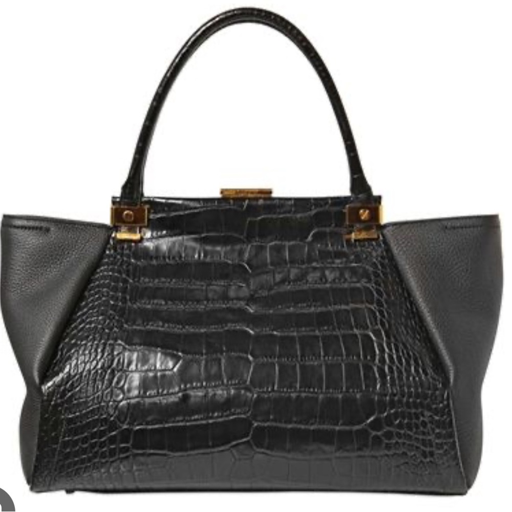 Lanvin Trilogy croc embossed black calfskin bag with gold plated hardware